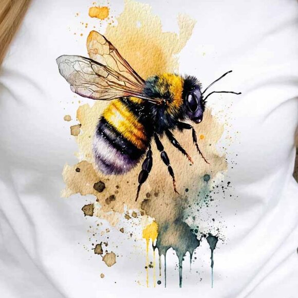 Honey Bee T-Shirt Messy Watercolour Summer Tee Painting Bumble Bees Nature - Picture 2 of 3
